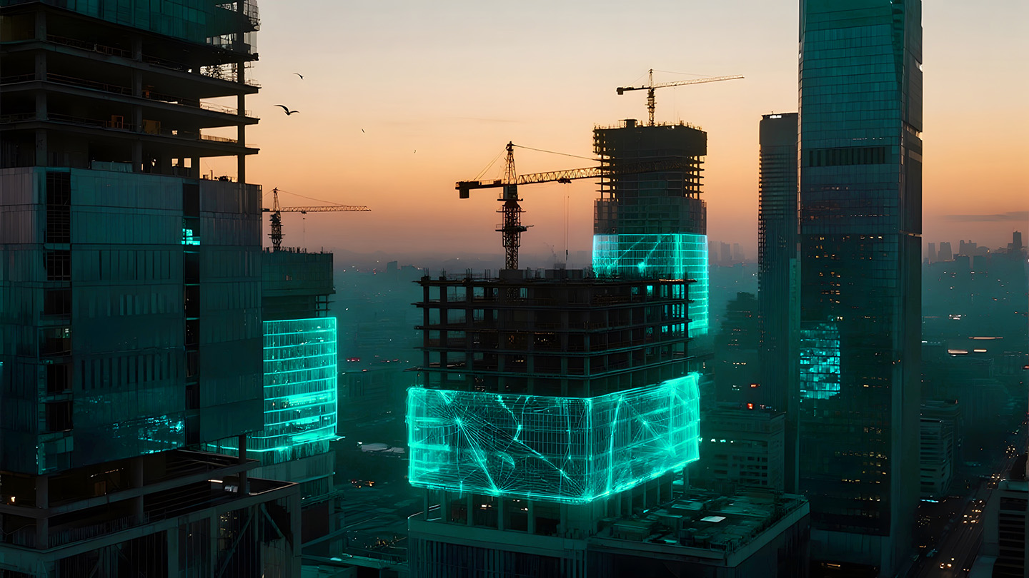 Smart-Building-Skyline mit digital vernetzter Gebäudeinfrastruktur in der Abenddämmerung