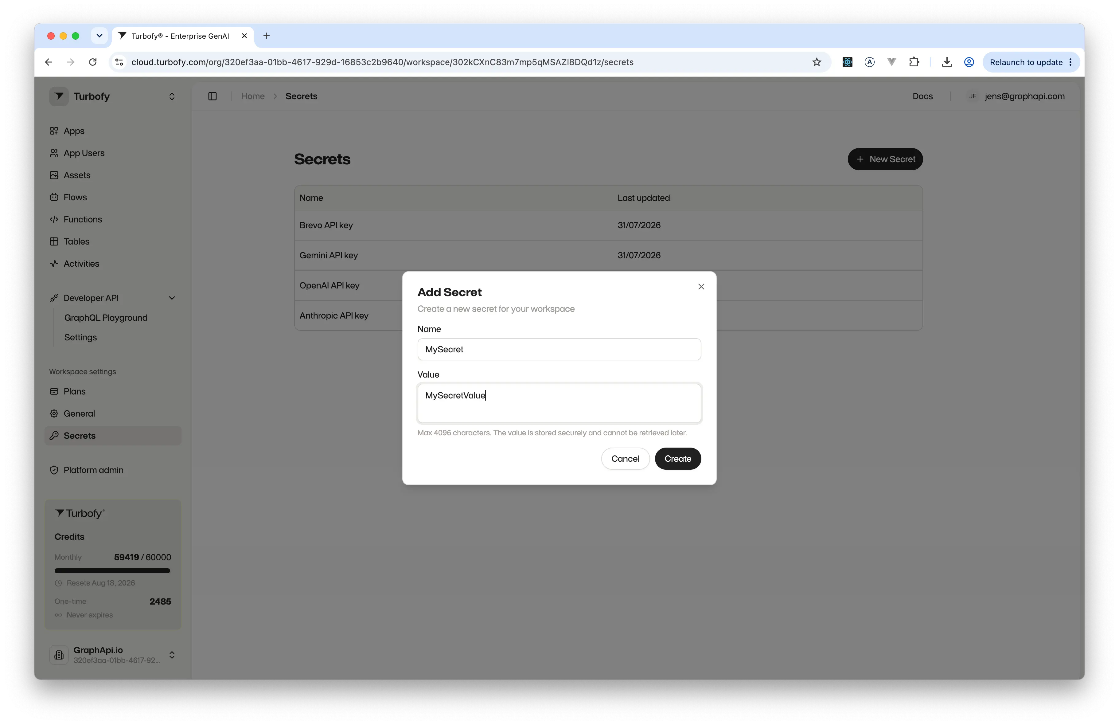 The Add Secret dialog with a name field, a value field, and a note that the value is stored securely and cannot be retrieved later
