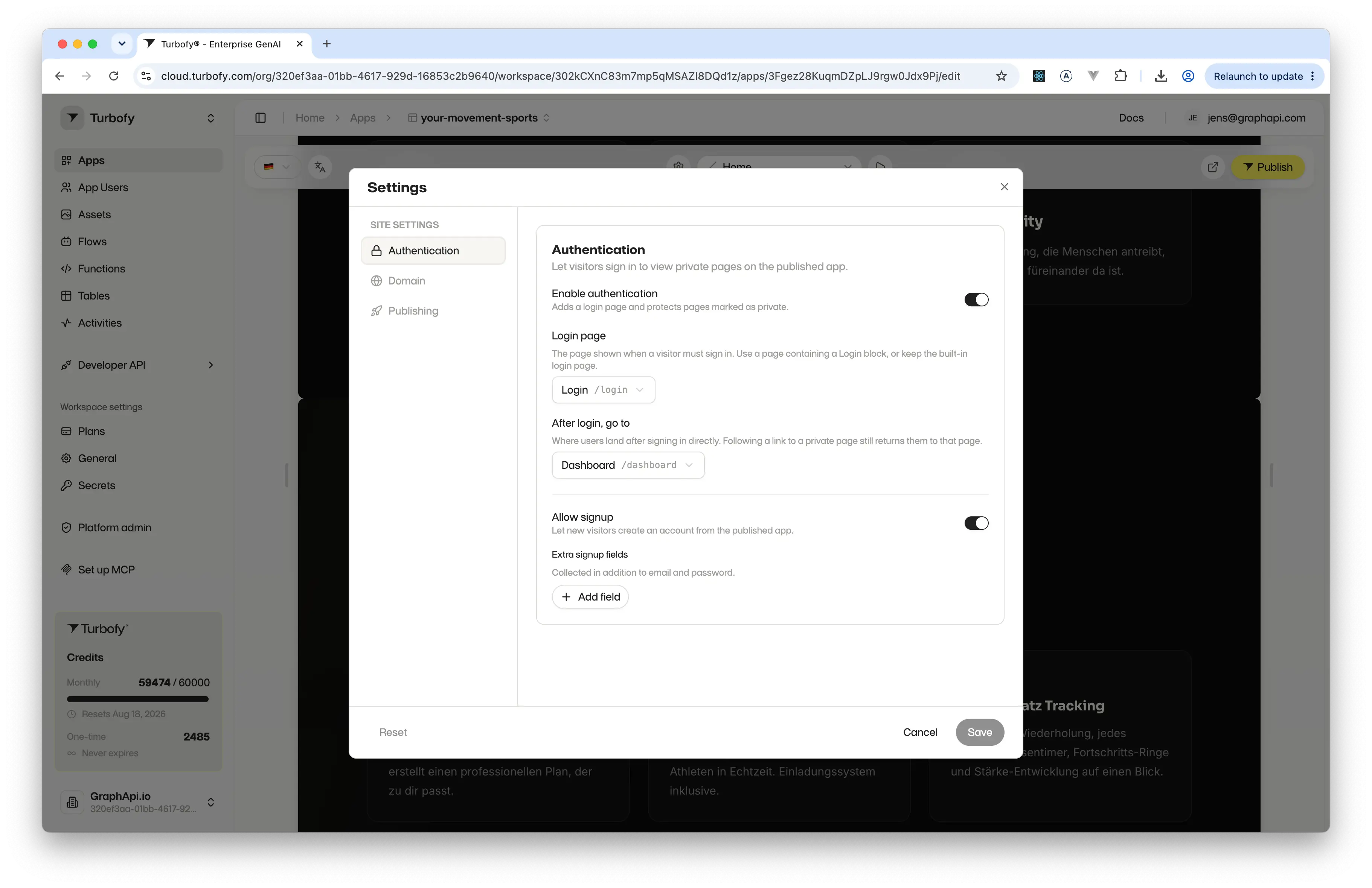 The Authentication panel of the app Settings dialog, with toggles for enabling authentication and signup, and selects for the login page and the page to open after login