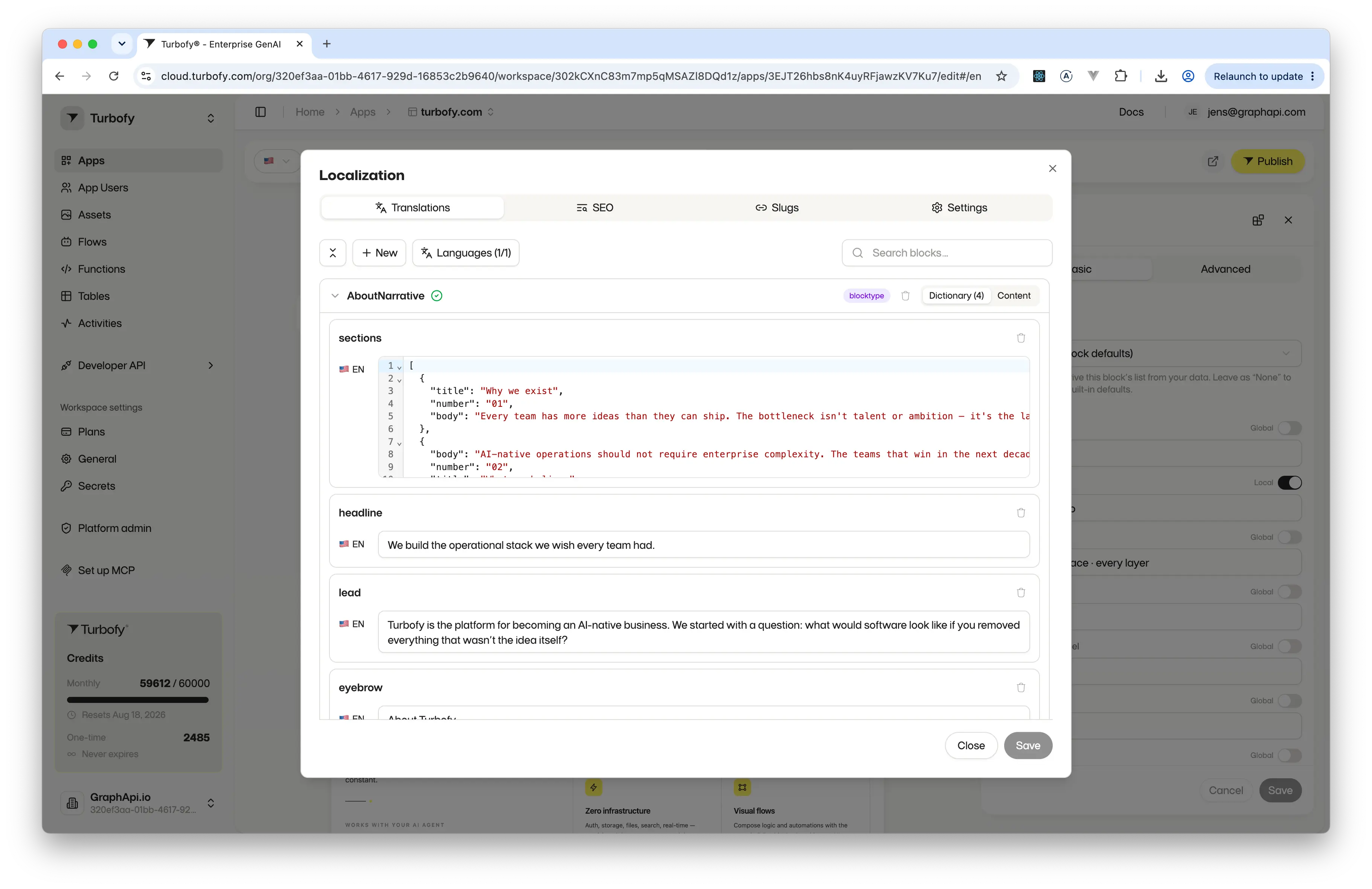 The Translations tab listing one block's dictionary: a sections key in a JSON editor followed by headline, lead and eyebrow text fields