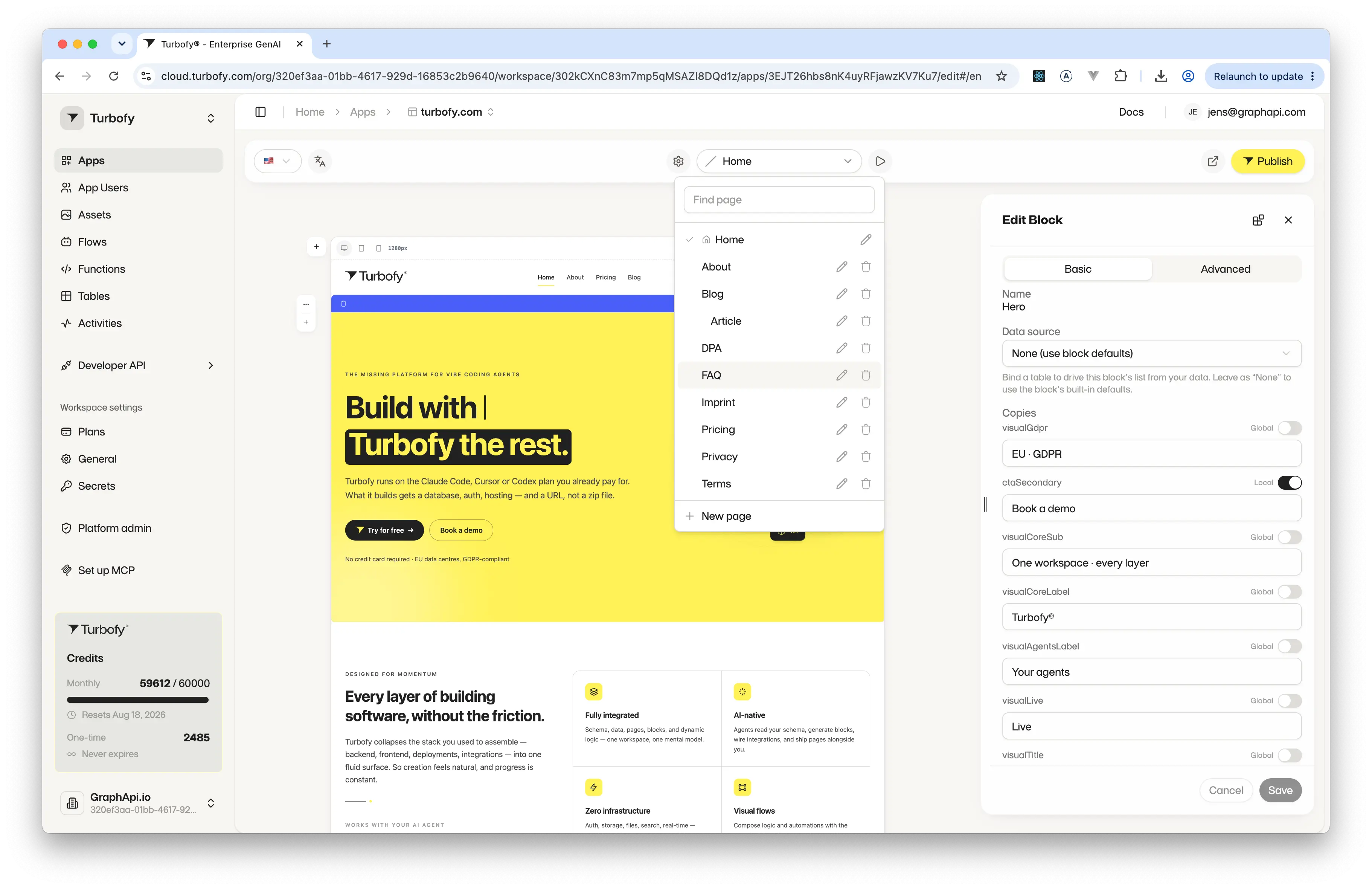 The app editor showing the page dropdown open over a live page preview, with the Edit Block panel open on the right