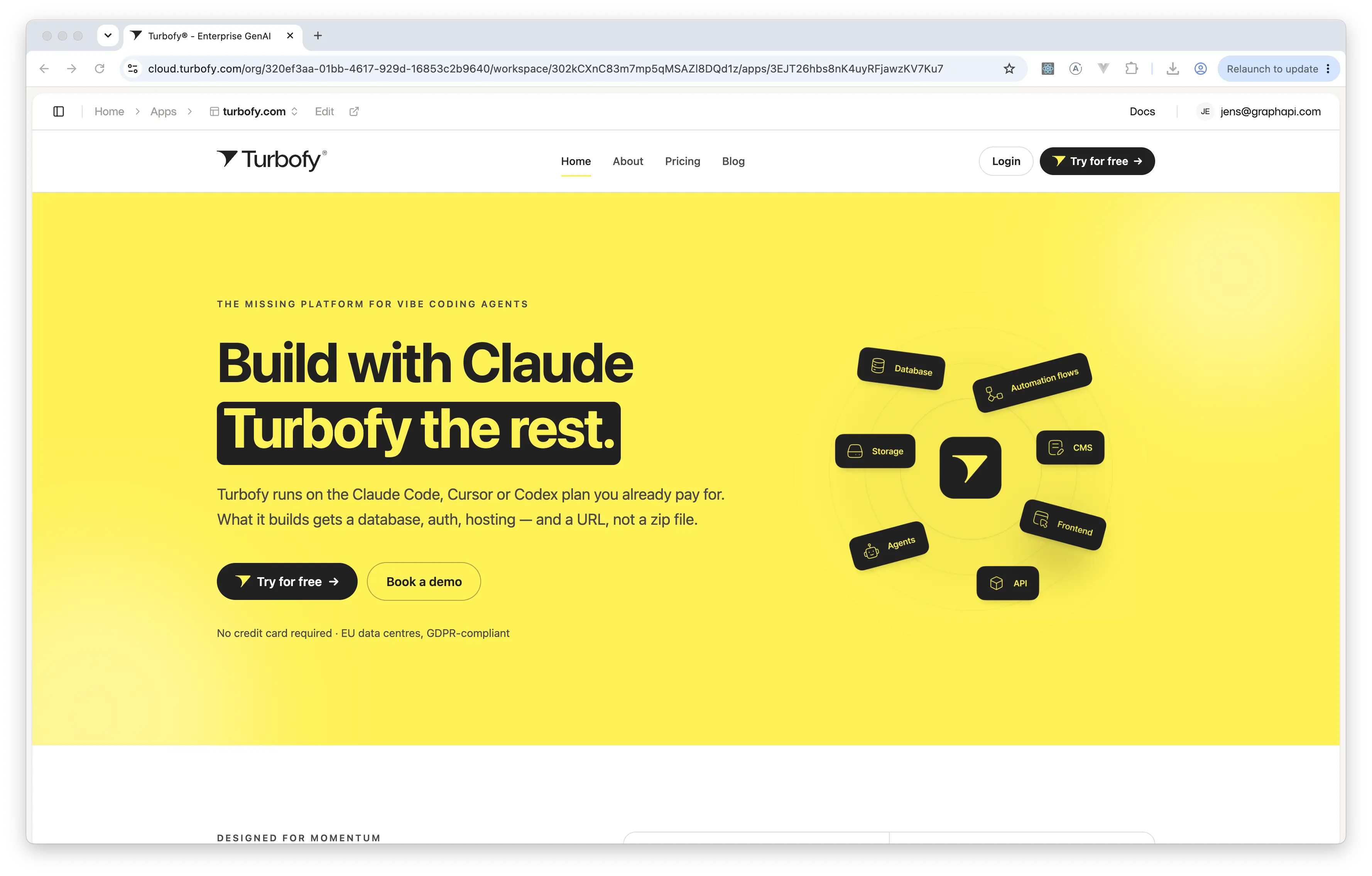 An app running in preview mode inside Turbofy, with a breadcrumb bar above the live page