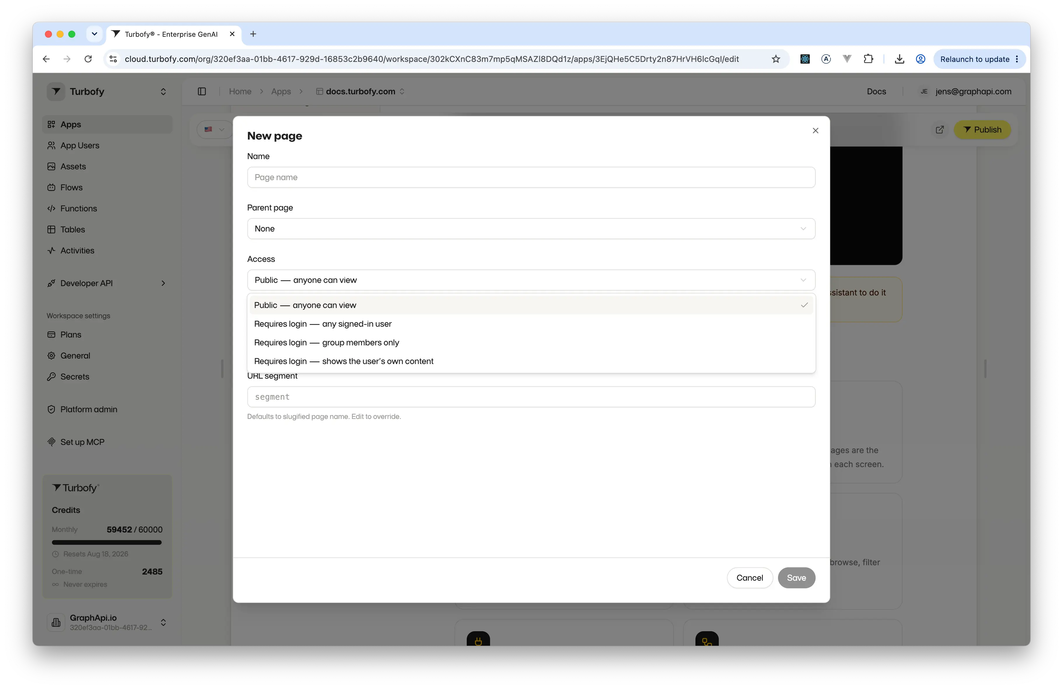The New page dialog with the Access dropdown open, listing the four access levels from public to signed-in, group members and the user's own content