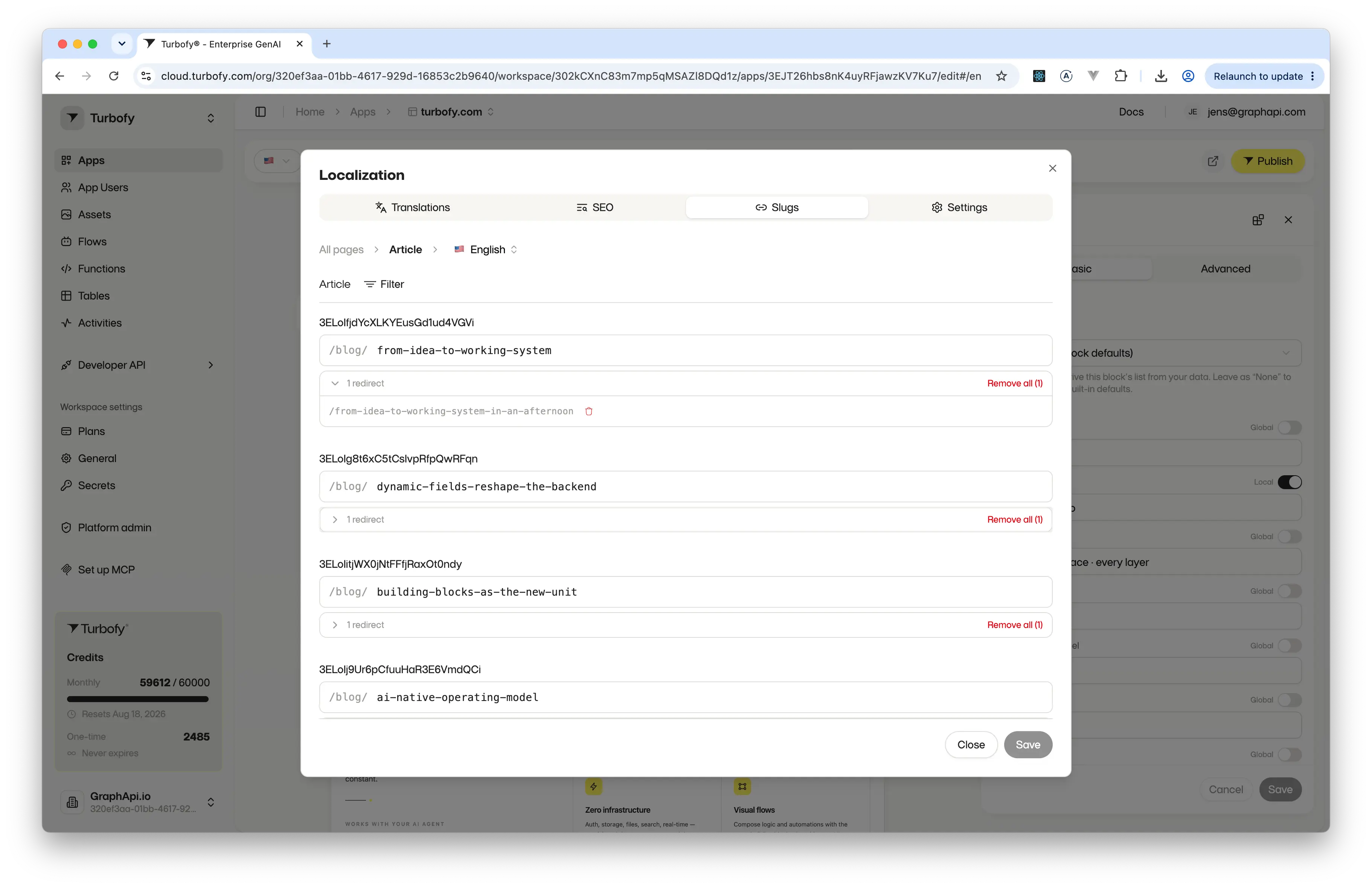The Slugs tab of the Localization dialog listing blog article addresses, each under a fixed /blog/ prefix with a collapsible redirect below it