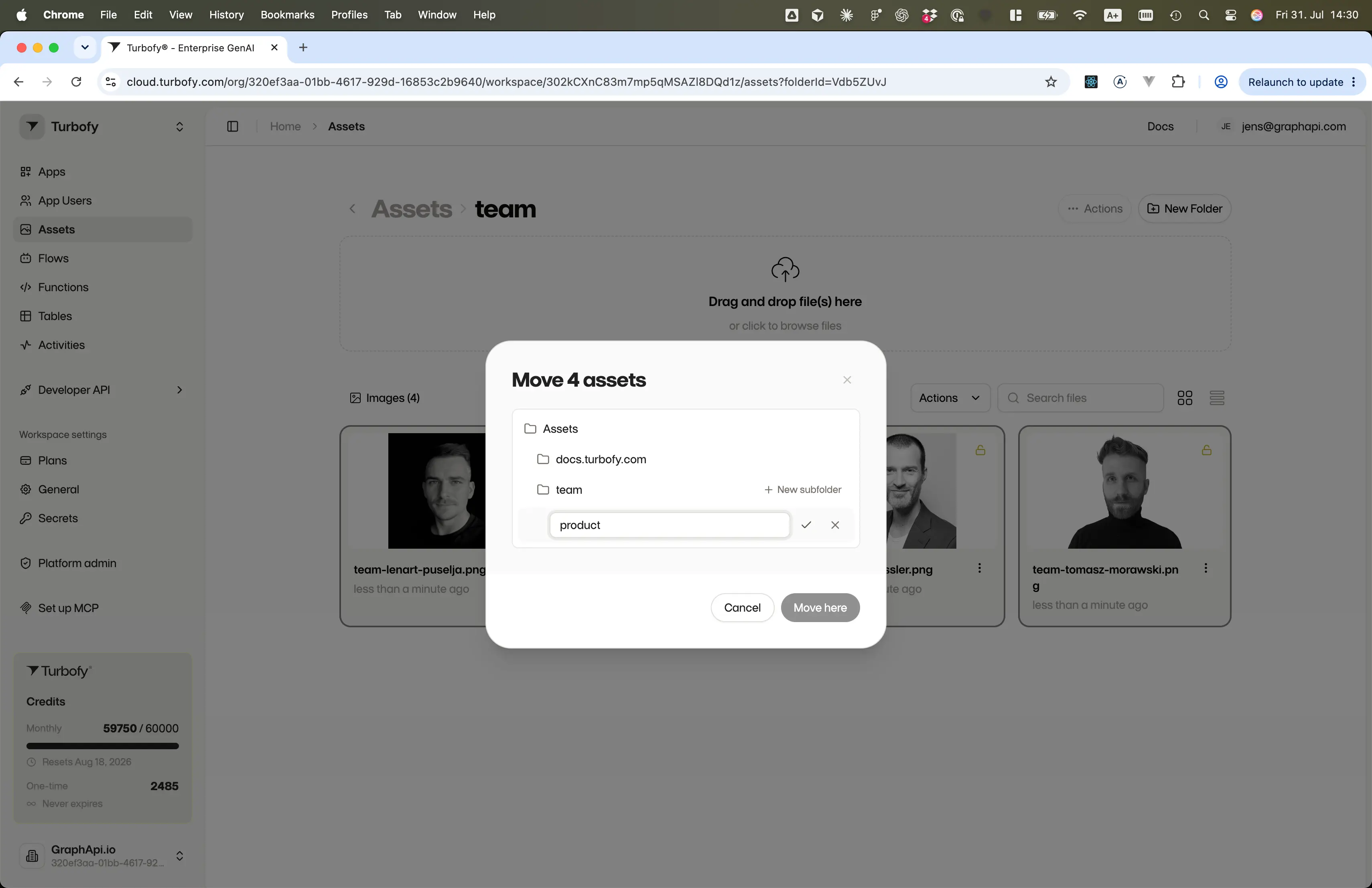 The Move assets dialog showing the folder tree with a new subfolder being named