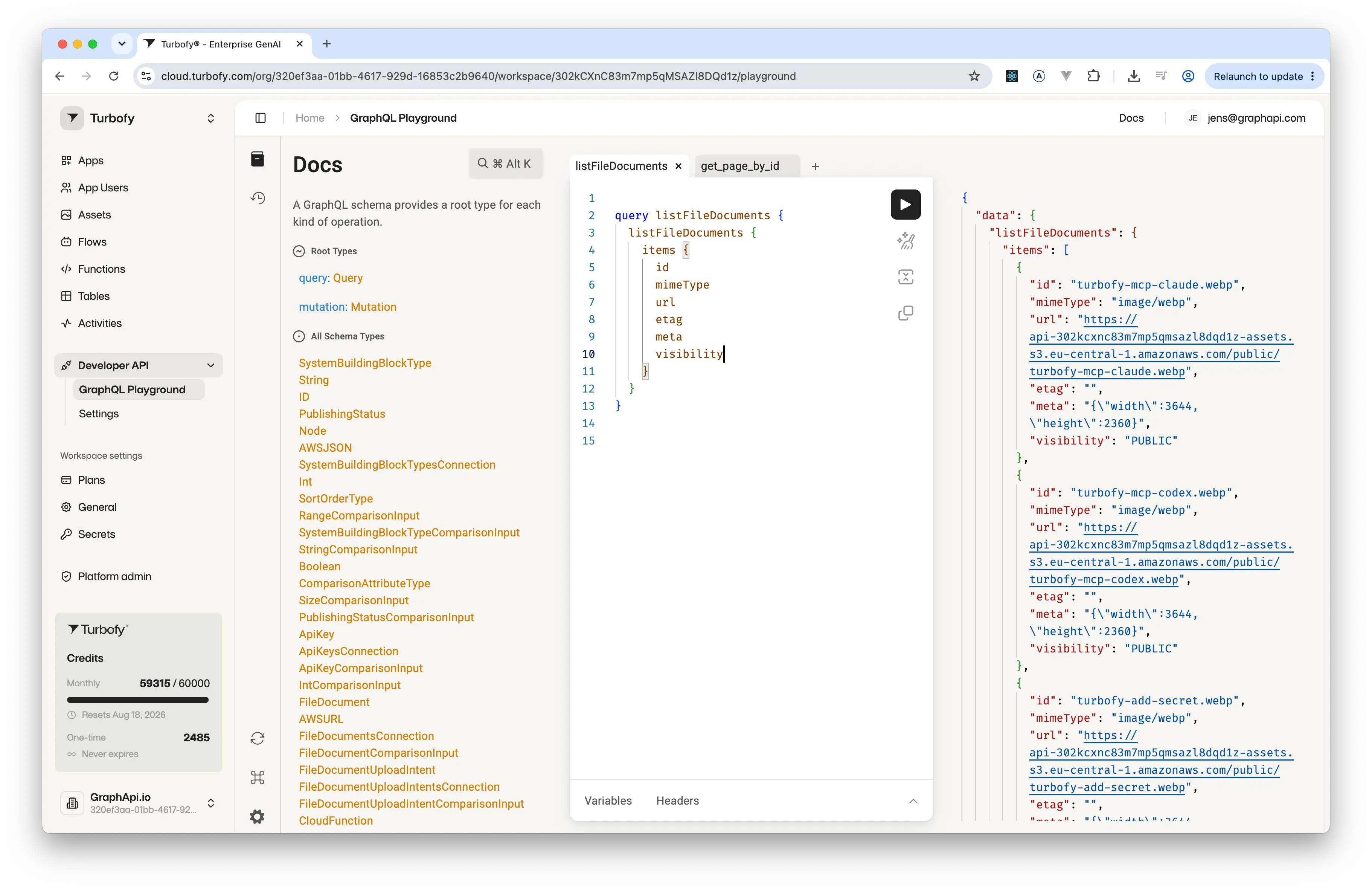 The GraphQL Playground with the schema documentation pane on the left, a query editor with two open tabs in the middle, and the JSON response on the right