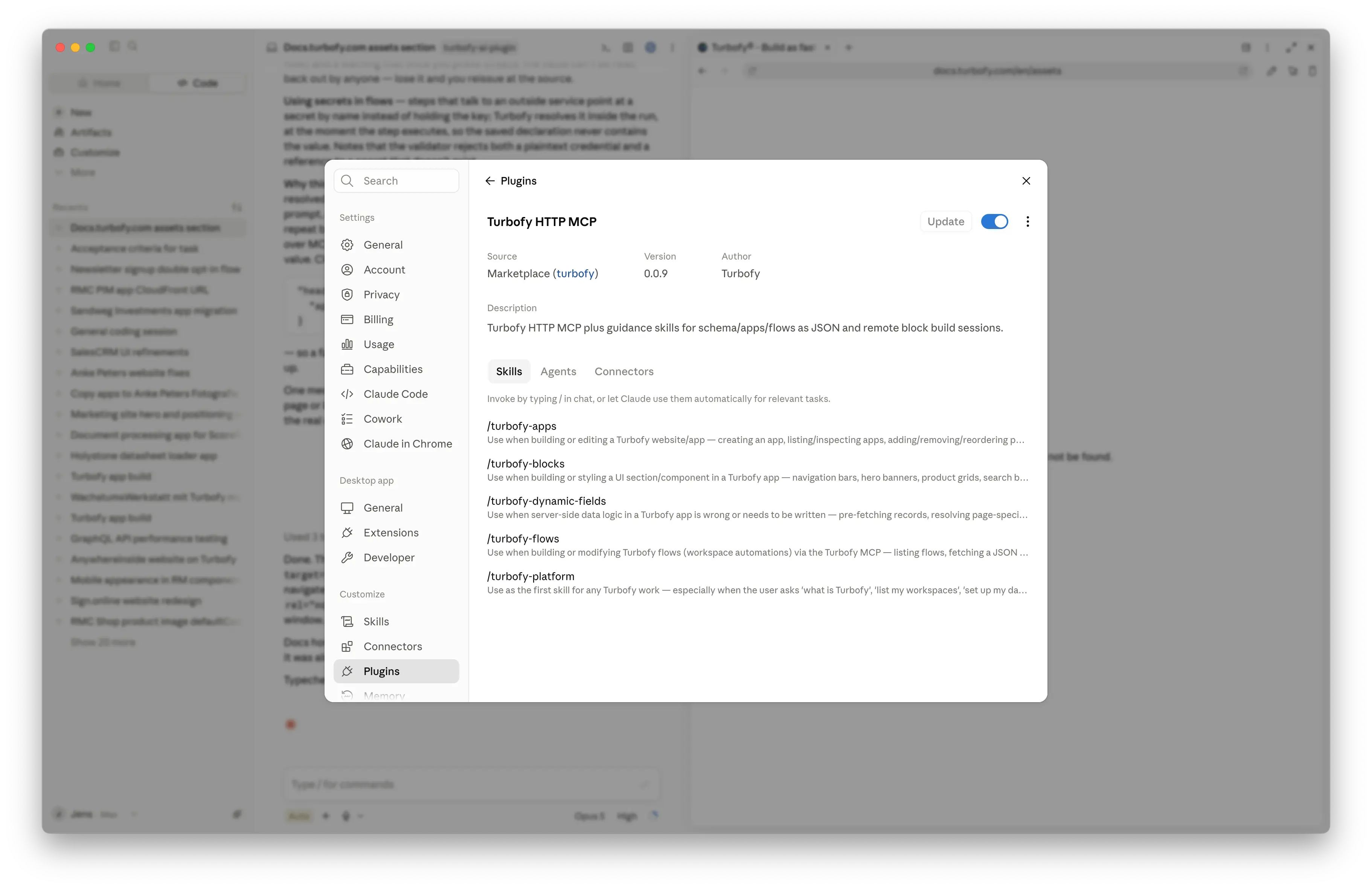 The Turbofy HTTP MCP plugin in Claude's plugin settings, listing the skills it installs