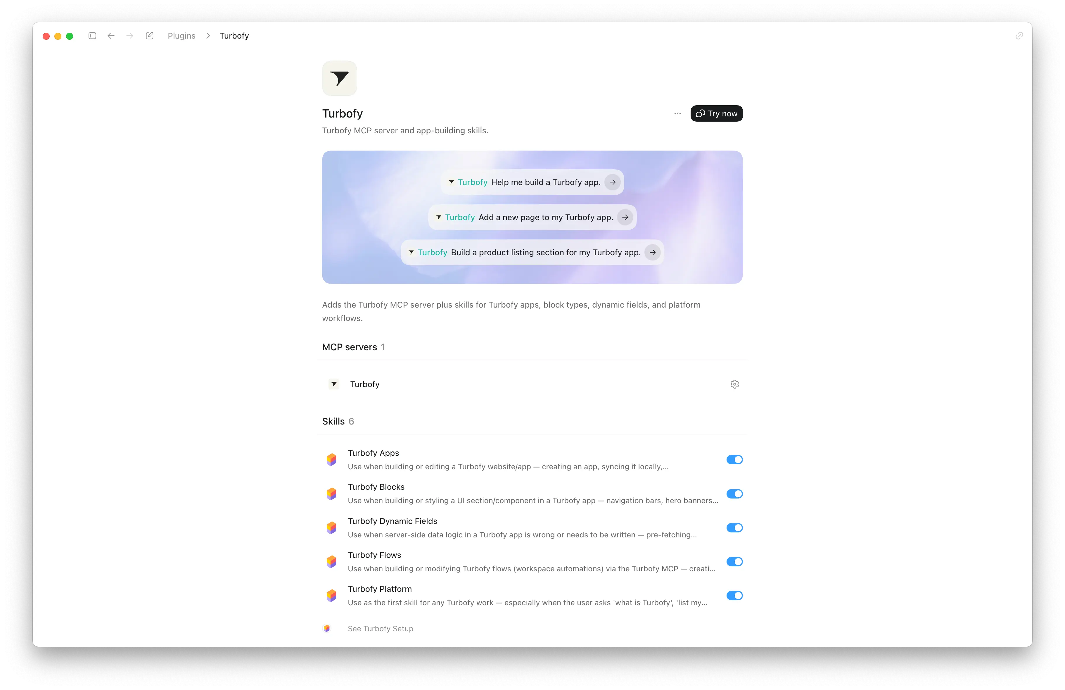 The Turbofy plugin page in Codex, showing one MCP server and six skills with example prompts